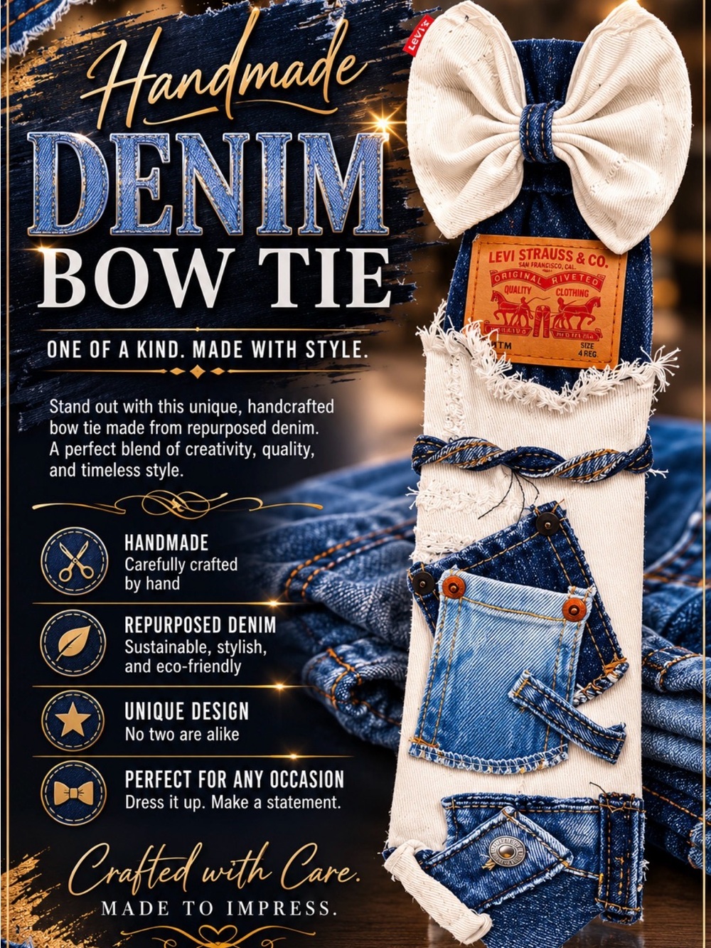 Levi's Blue Denim and Cream Bow Tie Accessory